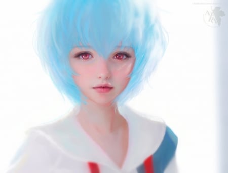 Rey Ayanami - girl, fantasy, face, white, ruoxin zhang, blue, luminos, anime, rey ayaynami, pink eyes, manga