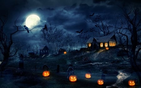 Happy Halloween - moon, hill, pumpkins, artwork, clouds, house, well, raven