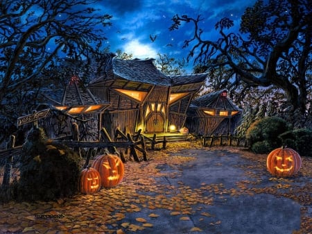 The House at the Dead End - pumpkins, halloween, light, artwork, night, moonlight