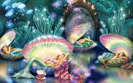 Sleeping Mermaids - mermaids, shells, sleeping, underwater