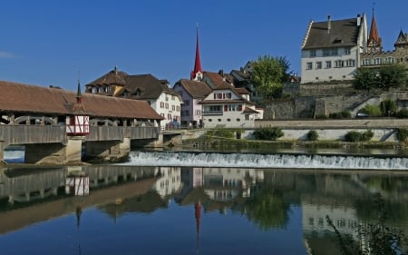 Bremgarten, Aargau, Switzerland - town, houses, reflection, river, bridge