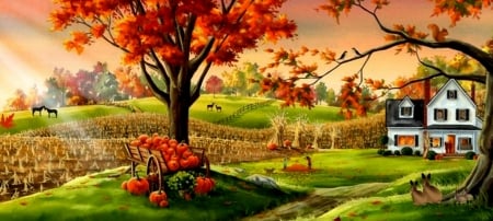 Thanksgiving For Everything - autumn, trees, thanksgiving, field, apples, pumpkins, home, havest, corn, house