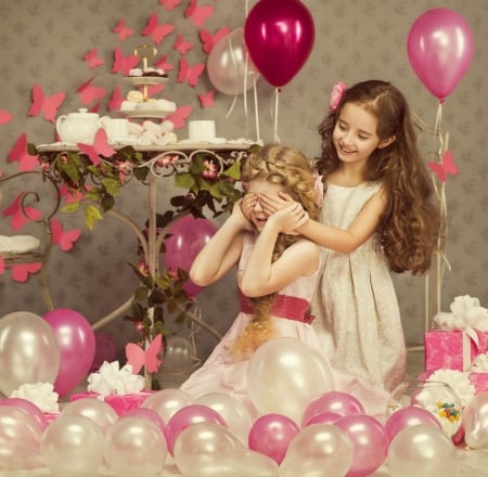 ♥ - girls, balloons, pink, happy