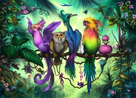 Birds in Heaven - pink, bird, susann houndsville, parrot, yellow, blue, heaven, fantasy, pasare, branch, luminos, colorful, green