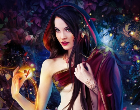 Tarutorai - art, girl, bruno wagner, luminos, red, blue, hand, fantasy