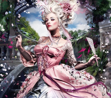 Queen Antoinette - hand fan, bruno wagner, queen, antoinette, dress, girl, fan, pink, fantasy, luminos