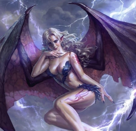 Demoness flying - frumusete, bat, fantasy, purple, wings, pink, demon, luminos