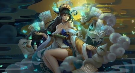 Aoandon - onmyouji, fantasy, aoandon, yellow, hoanglap solan, luminos, girl, green