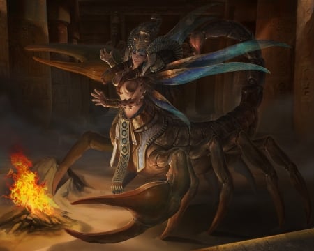 Scorpio - zodiac, girl, kim ha yeong, wings, scorpion, fantasy, fire, queen, brown, luminos