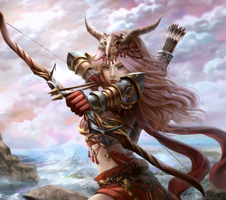 Tutellah - fantasy, archer, red, girl, hoanglap solan, pink, luminos, horns