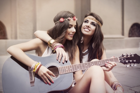 Beauties - woman, guitar, girl, couple, instrument, model