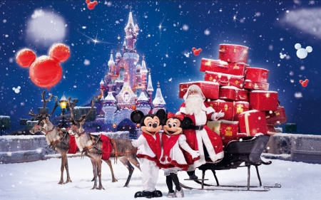 Disney Winter - Schlitten, Micky, Renntier, Schnee, Deutschland, Weihnachtsmann, Minni