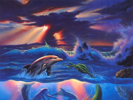 Mermaids and Dolphins - clouds, fantasy, water, sky