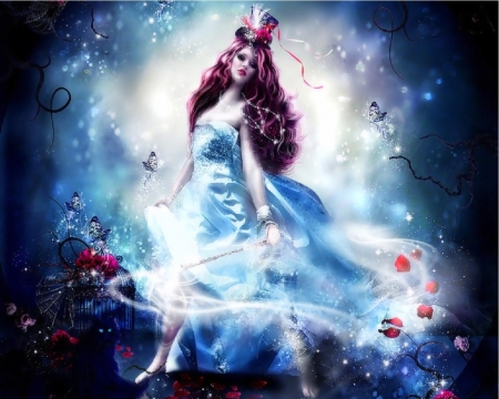 Lovely Spring Witch - bue, flowers, fantasy, sky