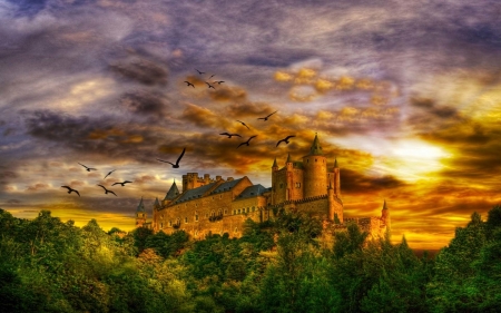 Mighty Castle - sky, building, digital art, clouds, sunset