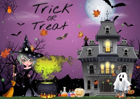 TRICK OR TREAT - halloween, witch, ghost, pumpkins, bats, cauldron, house, potions