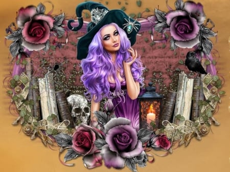 WITCH - purple, bird, flowers, halloween, skull, witch, female, hair, books