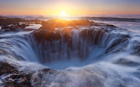 Giant Coastal Waterfall at Sunset - waterfall, ocean, sunset, sea