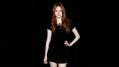 Karen Gillan - black dress, actress, redhead, karen gillan, black background, hands on hips, dress