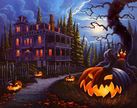 Halloween Jack-O-Lanterns - pumpkins, October 31, paintings, fall season, lanes, jack-o-lanterns, haunted house, moons, fantasy, spooky, holiday, autumn, halloween, love four seasons