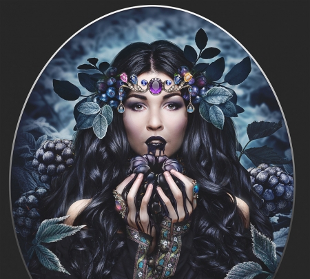 Blackberry - blue, girl, jewel, frumusete, blackberry, fantasy, katie watersell, fruit, luminos