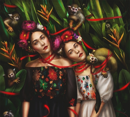 Twins - couple, girl, wreath, black, fantasy, exotic, art, katie watersell, luminos, red, green, monkey, flower