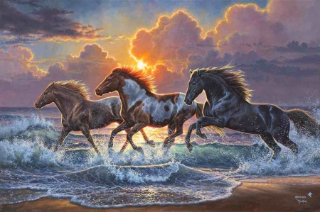 Against the wind - abraham hunter, water, running, sunset, painting, art, horse, cloud, pictura, sea