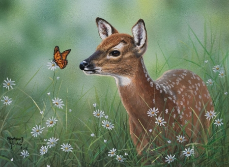 :) - caprioara, pictura, deer, painting, butterfly, flower, art, abraham hunter