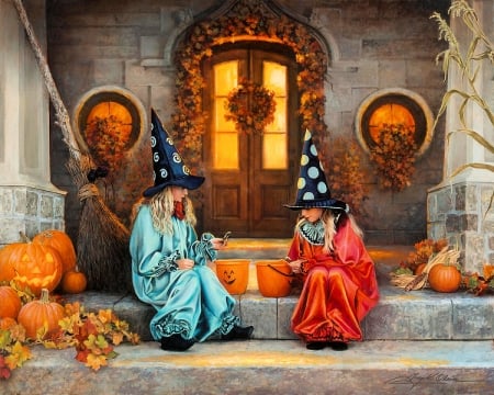 Halloween Sweetness - girls, door, costume, pumpkins, painting, artwork, hats, children