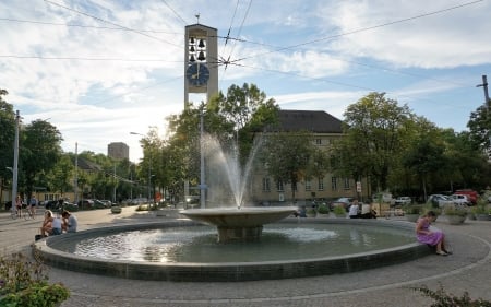 Fountain and Bells in Zurich - square, fountain, Switzerland, Zurich, bells