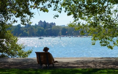 Relaxing by Lake Annecy, France - bench, lake, France, promenade