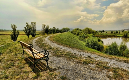 Promenade by Pond - promenade, bench, pond, trees