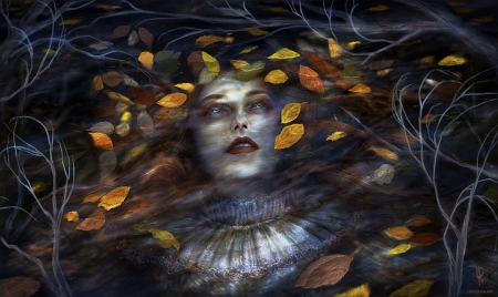 Season's End - autumn, isis sousa, luminos, water, leaf, fantasy