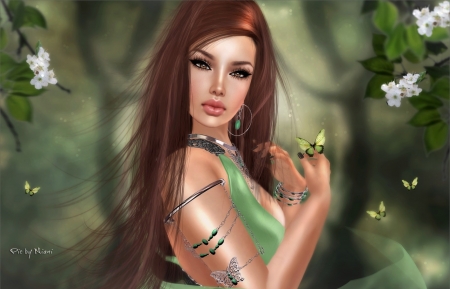 Girl - fantasy, green, rendering, girl, butterfly, luminos