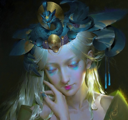 Queen - bird, yellow, blue, queen, girl, frumusete, fantasy, hand, face, wei fan, art, luminos