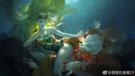 Underwater - fantasy, mermaid, girl, pesti, wei fan, fish, art, luminos