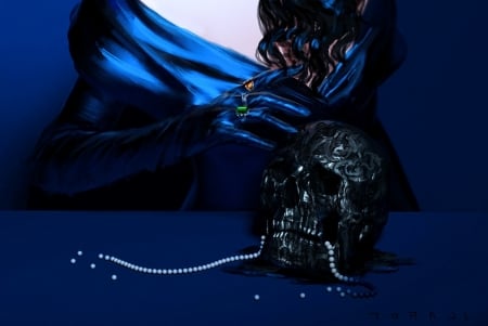 Dark skull - black, dark, jewel, detail, blue, skull, art, fantasy, pearl, luminos, lady in blue, glove, toraji