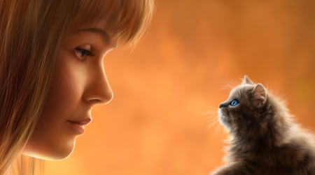 Face to face - girl, orange, cat, fantasy, elena roslyakova, kitten, pisici, face, alenaekaterinburg, luminos