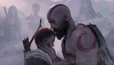 God of War - freya, athena, wlop, fantasy, archer, tattoo, zeus, art, boy, man, luminos, red, kratos, god of war