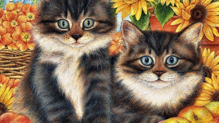 cats-artwork-pair-painting-cat-sunflower-sunflowers-art-feline-animal-pet-live-wallpapers-for-pc - Freunde, Blume, Cats, Deutschland