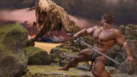 Barbarian-Hero meets dino-monster - danger, fight, dino, hero, hunk, monster, barbarian