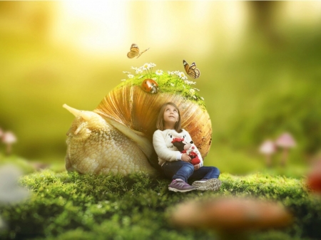 FANTASY SNAIL - art, girl, fantasy, snail