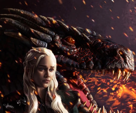 Daenerys - game of thrones, fantasy, julie claude, dragon, girl, art, daenerys targaryen, luminos