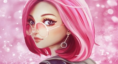 Girl - face, fantasy, glasses, pink, girl