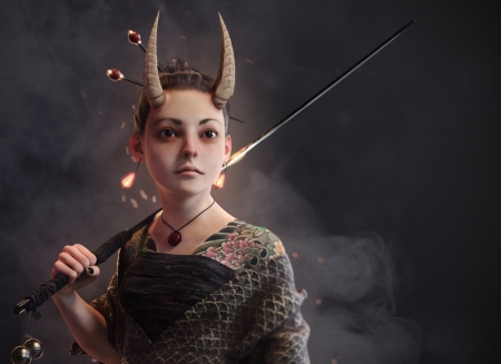 Oni girl - sword, fantasy, oni, luminos, girl, evan gintsiak, art, horns