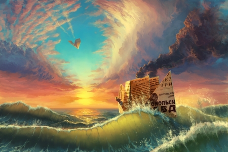 :) - fantasy, sunset, water, blue, boat, sea, paper, luminos