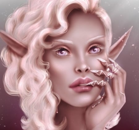 Leilani - elf, fantasy, hand, girl, face, alrooney, pink, jewel