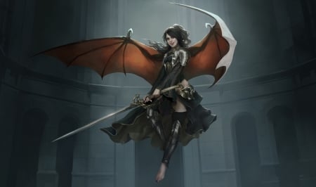 Vampire - vampire, bat, fantasy, wings, girl, sword, art, luminos