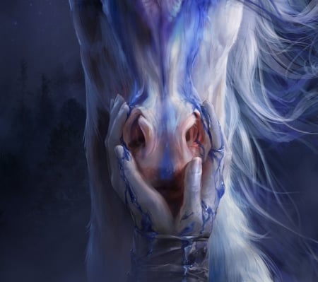 What lies beneath - blue, pink, horse, creature, fantasy, dragon, hand, cassandre bolan, what lies beneath, luminos