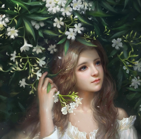 Jasmin - face, flower, jasmin, lia cao, girl, art, white, fantasy, luminos, green